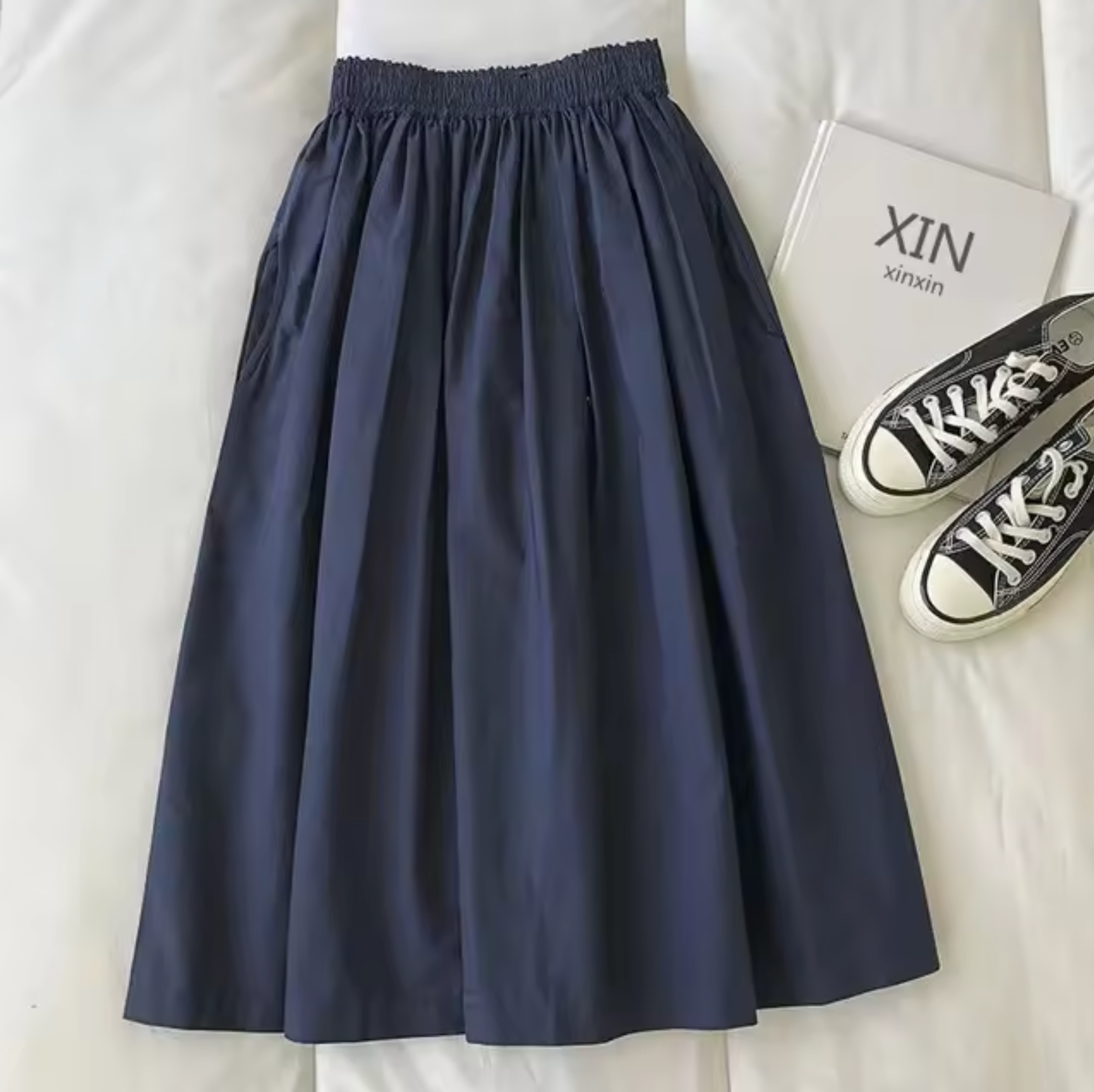 Women's High-Waisted Pleated Midi Skirt in Khaki, Black & Navy — Elegant A-Line Skirt for Work & Occasions | Koossa
