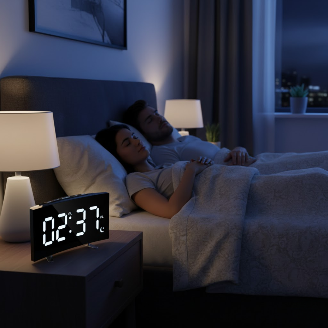 Réveil numérique LED à écran incurvé avec luminosité automatique affichage grand format idéal pour chambre | Koossa