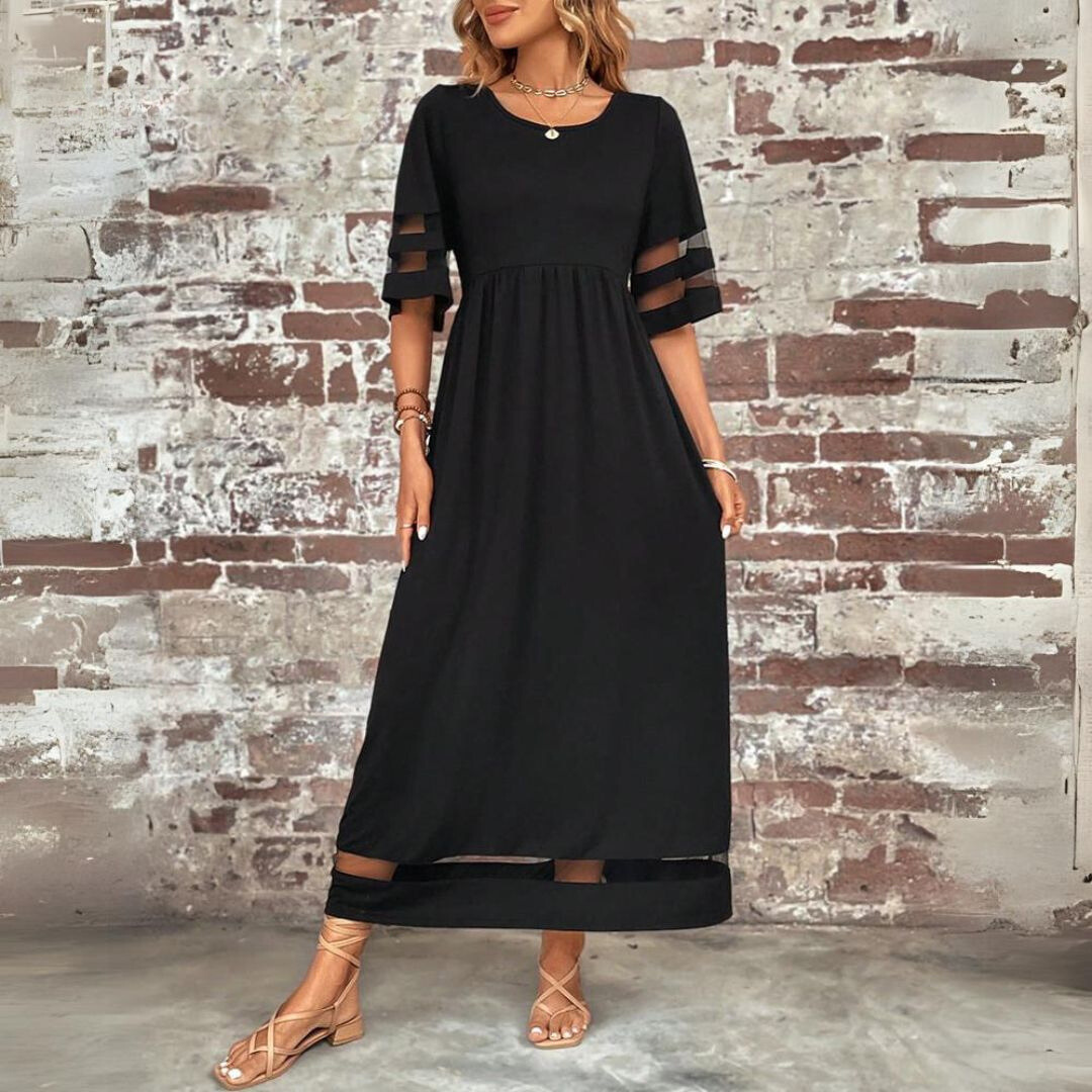 Women's Sheer Sleeve Flowing Maxi Dress in Black, Red & Green | Relaxed Fit A-Line Floor-Length Gown for Special Occasions, Garden Parties & Summer Evenings | Koossa