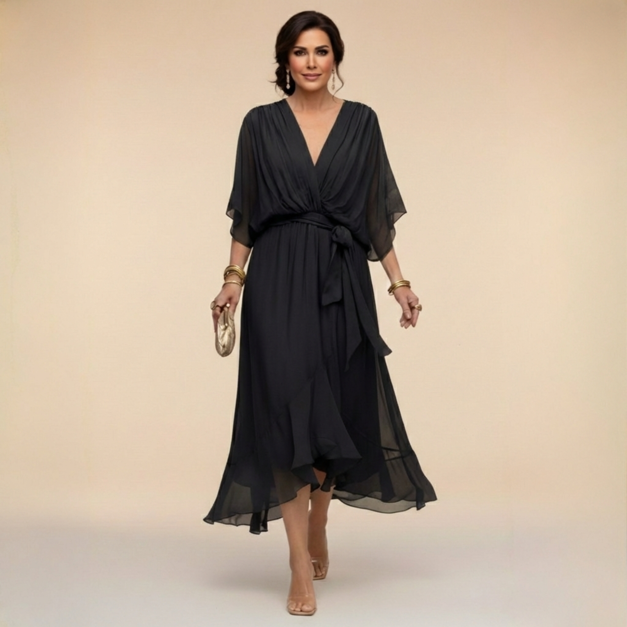 Women's V-Neck Layered Fringe Dress in Black | Flowing Textured Evening Party Dress with Statement Sleeves | Koossa