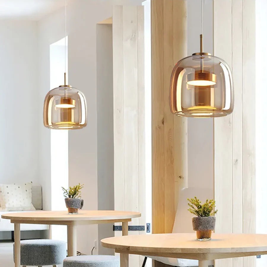 Glass Pendant Light, Adjustable Height Hanging Lamp in Cognac or Smoke Gray for Kitchen Island, Dining Table, Bedroom, Modern Nordic Decor | Lonoma