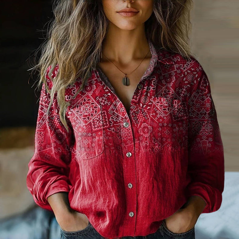 Relaxed Button-Through Blouse with Statement Print in Vibrant Colours for Warm-Weather Styling | Lightweight Long Sleeve Shirt | Koossa