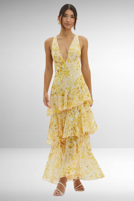 Tiered Maxi Dress with Open Back and Flowing Skirt in Green, Purple, Pink, Red, Yellow | Koossa