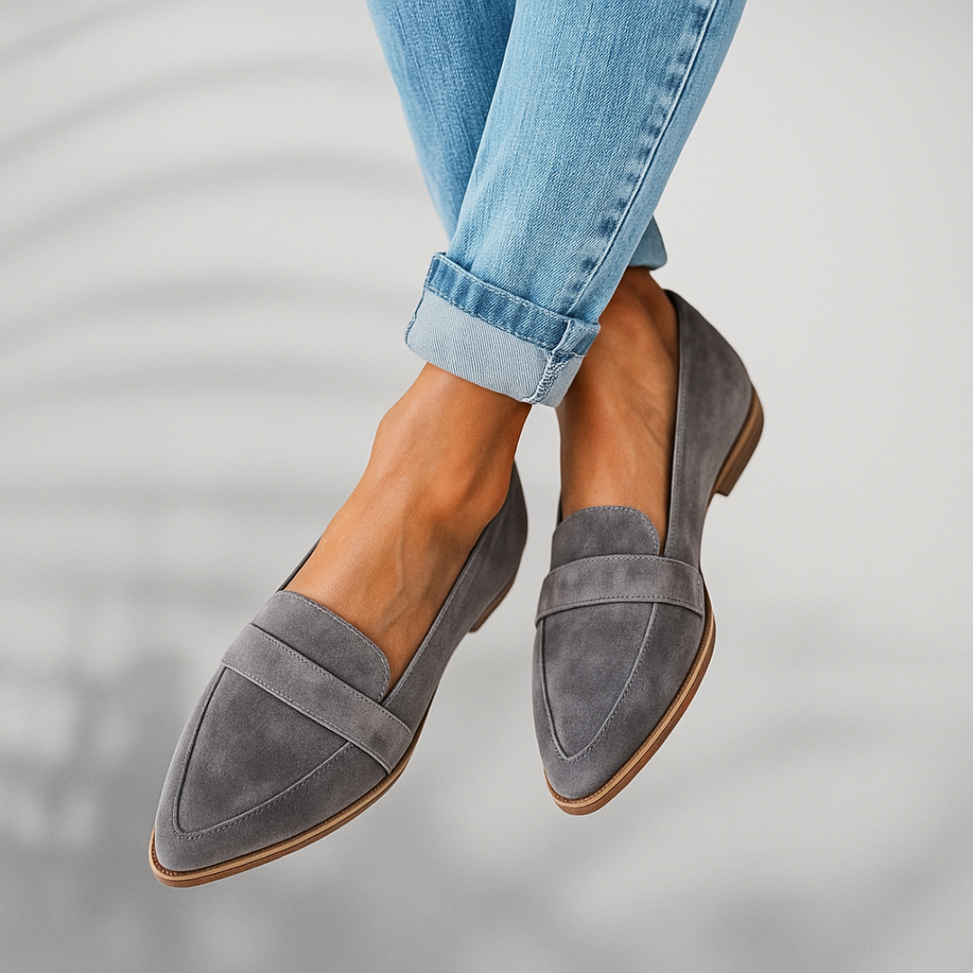 Women's Pointed-Toe Loafers with Strap Detail in Black, Grey & Animal Print – Slip-On Flats for Work and Weekend | Koossa