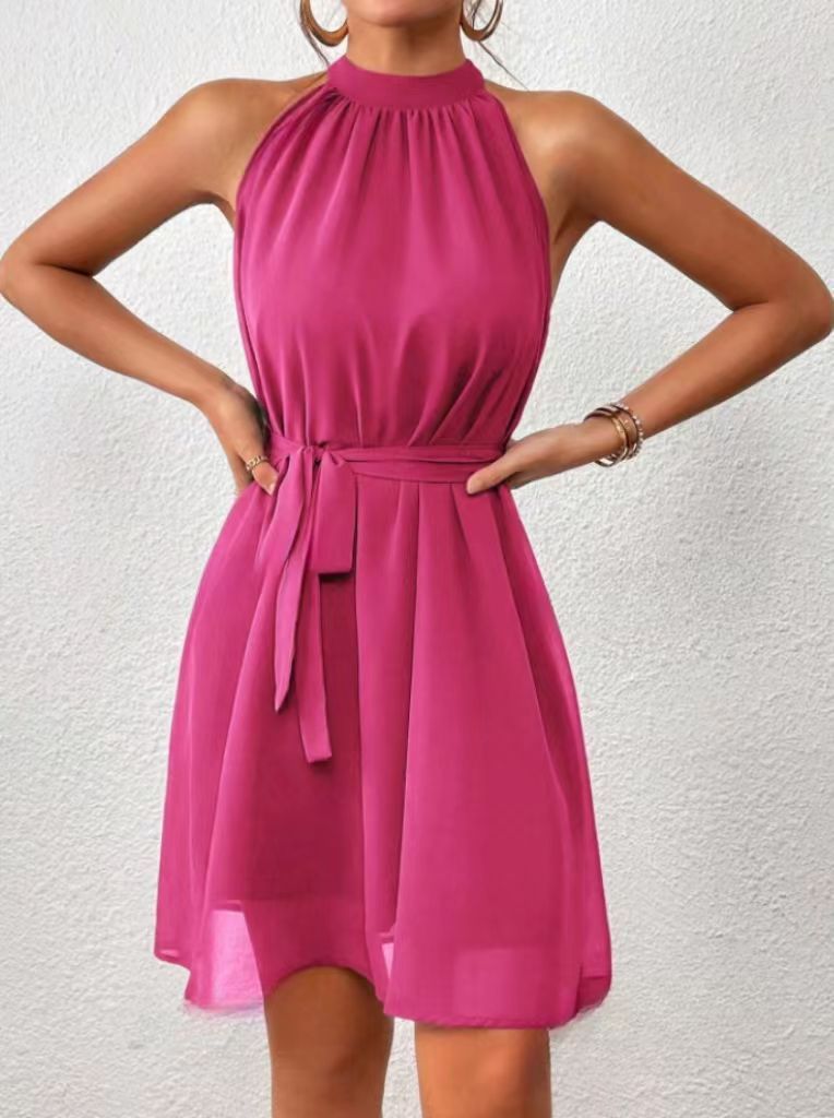 Women's Halter Neck Mini Dress with Belt — Elegant Sleeveless Dress for Spring & Summer Occasions | Koossa