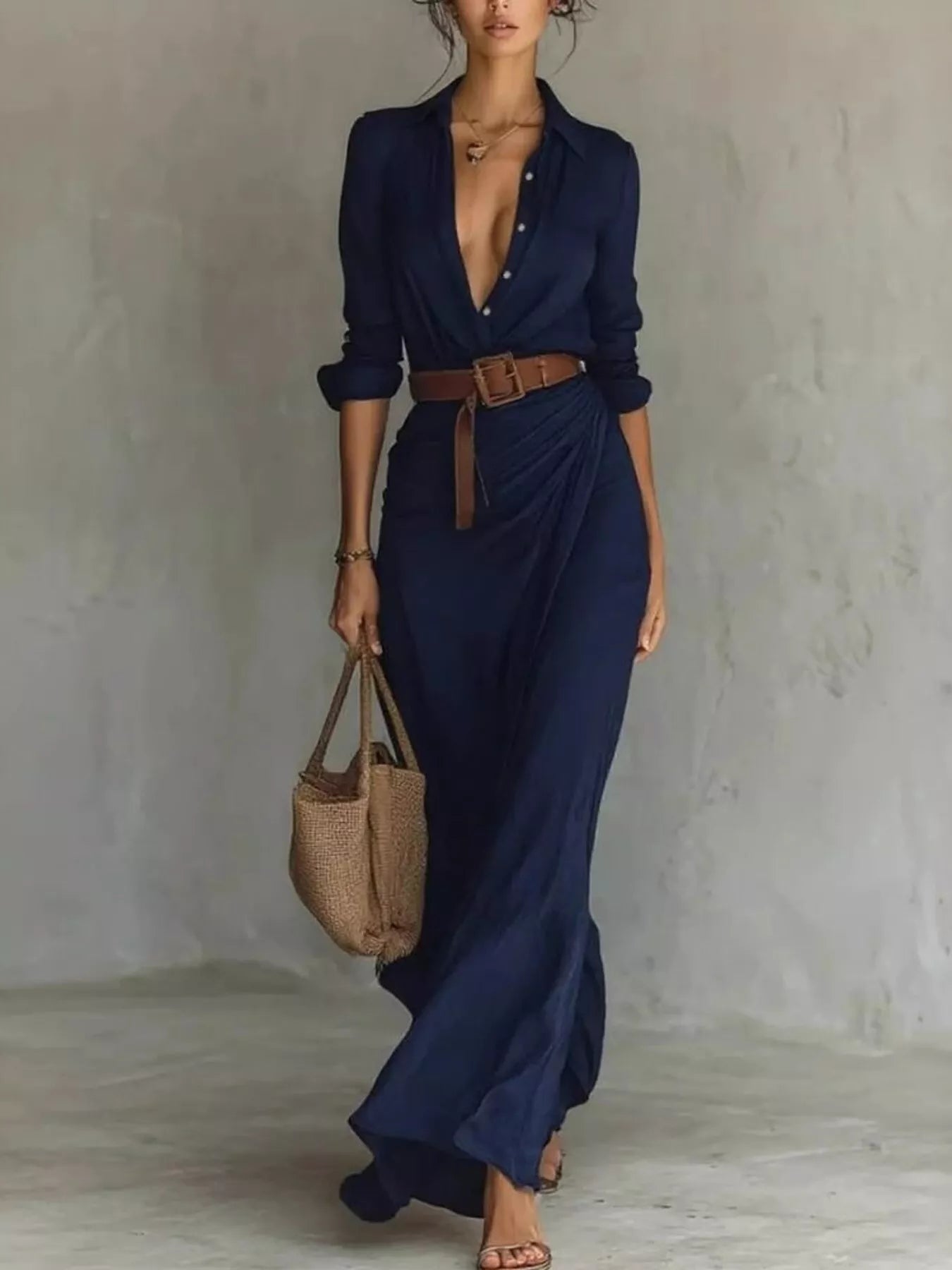 Women's Belted Maxi Dress with Long Sleeves in Khaki, Black, White & Navy Blue – Elegant Flowing Full-Length Dress for Day and Evening | Koossa