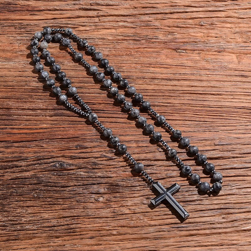 Beaded Stone Necklace for Men with Cross Pendant – Natural Gemstone Jewelry for Everyday Wear, Meditation & Mindfulness | Lonoma