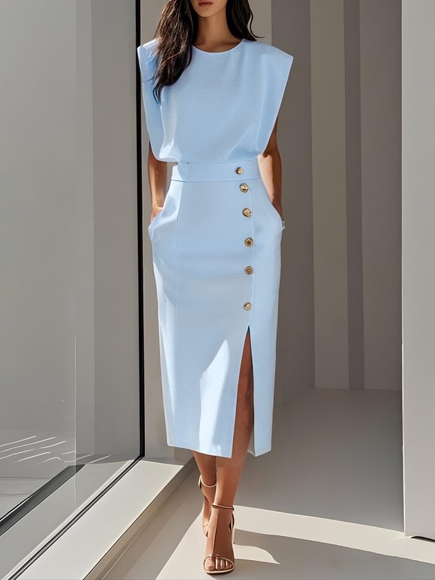 Women's Button-Detail Sleeveless Midi Dress in Beige, Black, Blue | Koossa
