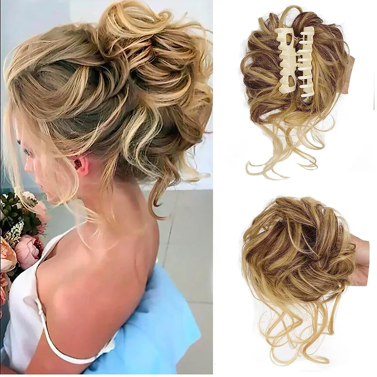 Clip-In Messy Bun Hair Extension, Curly Synthetic Updo Hairpiece for Women, Scrunchie Chignon for Everyday, Weddings & Parties | Lonoma