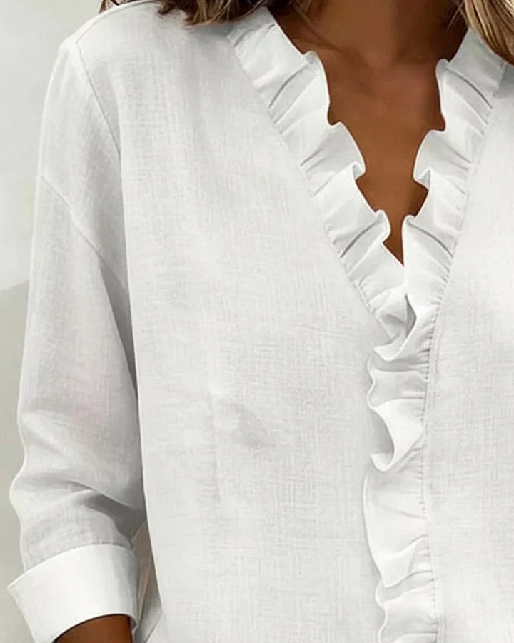 Women's Ruffle-Trim V-Neck Blouse in Soft Flowing Fabric – Elegant Long-Sleeve Top for Effortless Day-to-Evening Style | Koossa