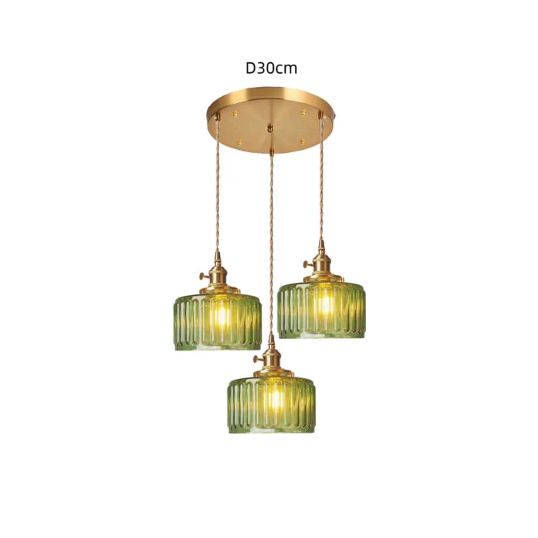 Adjustable Pendant Light with Ribbed Glass Shade, E27 Socket, Green Brass Finish for Kitchen Island, Dining Room & Breakfast Bar | Lonoma
