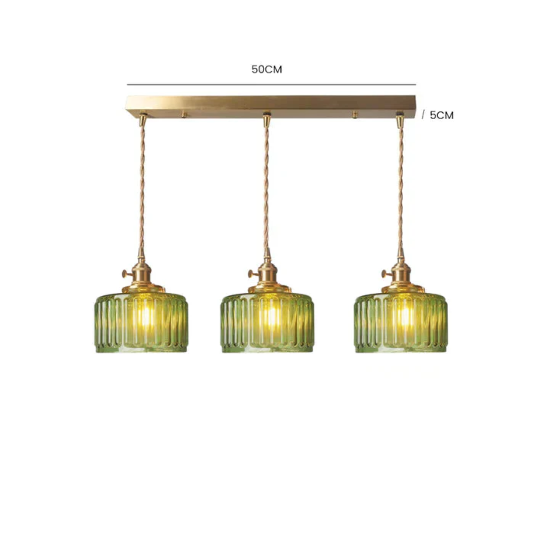 Adjustable Pendant Light with Ribbed Glass Shade, E27 Socket, Green Brass Finish for Kitchen Island, Dining Room & Breakfast Bar | Lonoma