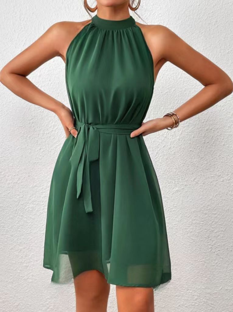 Women's Halter Neck Mini Dress with Belt — Elegant Sleeveless Dress for Spring & Summer Occasions | Koossa
