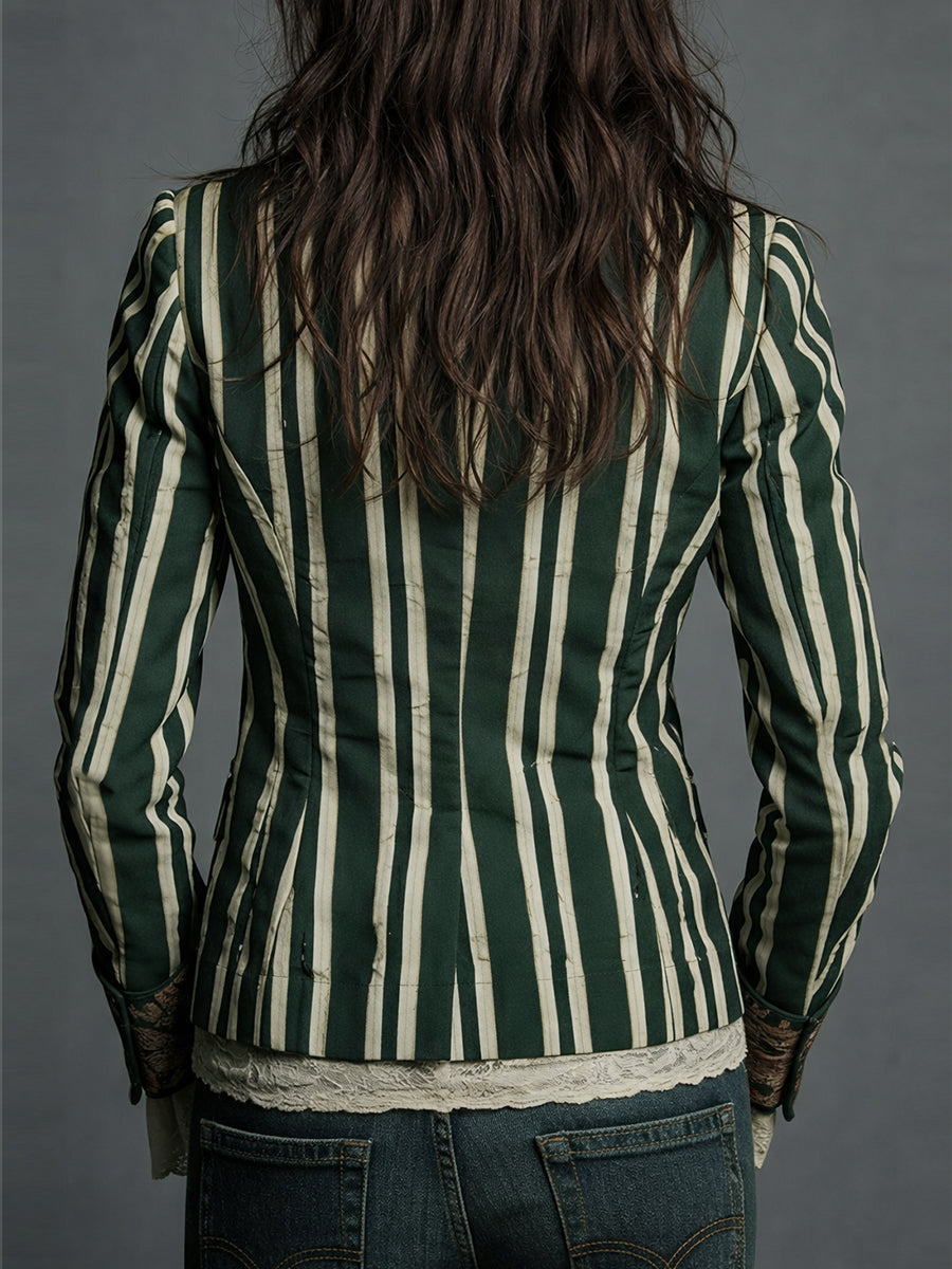Women's Bohemian Striped Blazer | Tailored Floral Jacket in Navy, Claret & Green | Vintage-Inspired Structured Outerwear for Smart Casual Occasions | Koossa