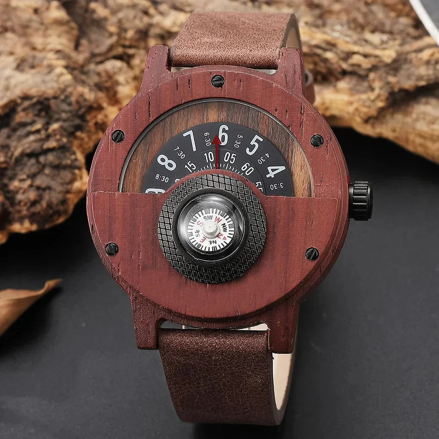 Men's Wooden Watch with Leather Strap — Classic Timepiece with Compass for Everyday Elegance | Koossa
