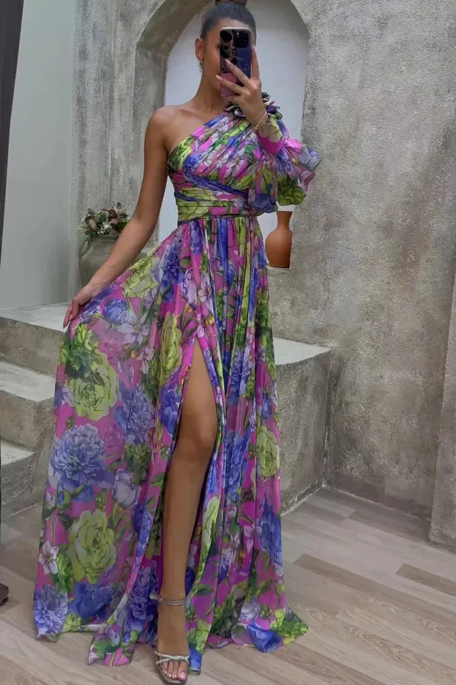 Asymmetric One-Shoulder Maxi Dress with Pleated Skirt in Floral Print for Special Occasions and Evening Events | Koossa