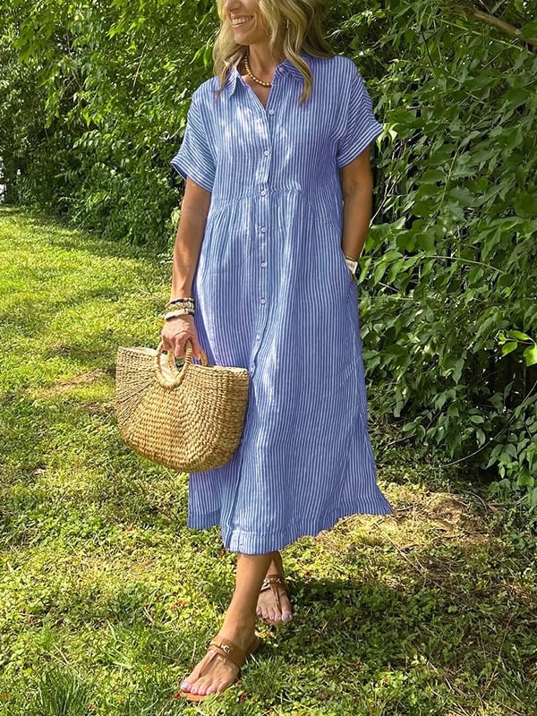 Women's Cotton Maxi Shirt Dress with Button Front and Classic Collar – Elegant Summer Dress for Everyday Occasions | Koossa