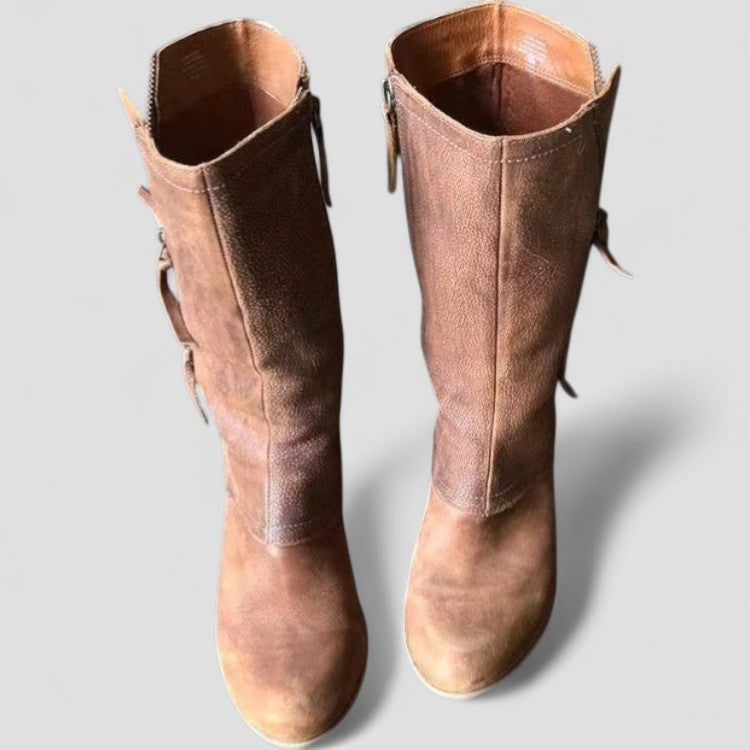 Women's Brown Leather Mid-Calf Western Boots with Low Heel and Side Zip for Everyday Elegance | Koossa