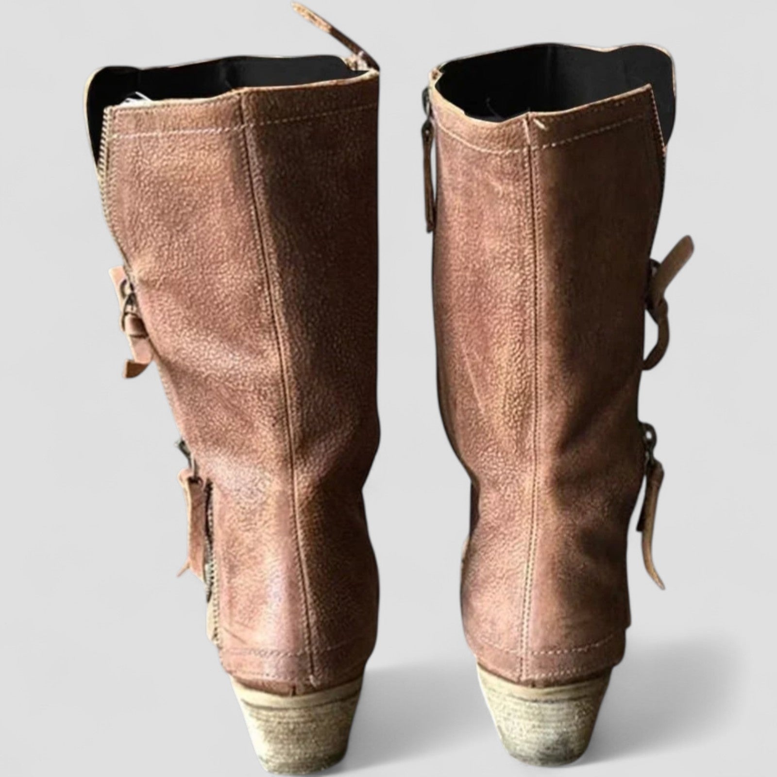 Women's Brown Leather Mid-Calf Western Boots with Low Heel and Side Zip for Everyday Elegance | Koossa