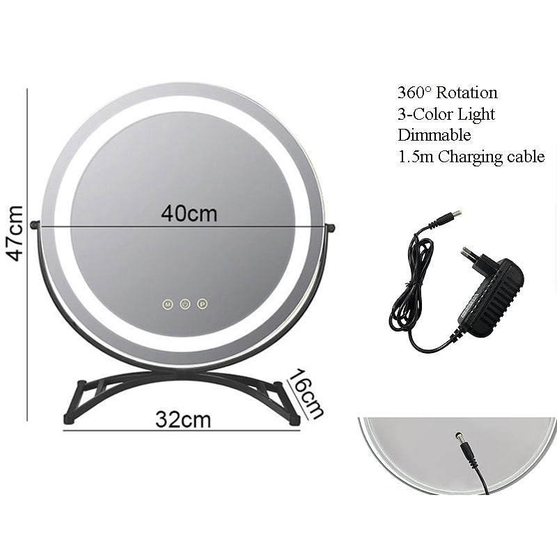Miroir lumineux LED 40 cm rechargeable 3 modes pivotant 360° dimable beauté maquillage tactile mémoire | Koossa