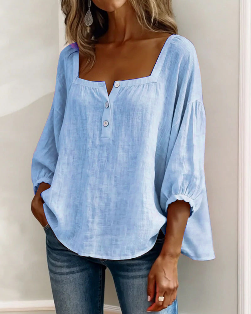 Women's Square Neck Puff Sleeve Blouse in Cotton Blend – Classic Feminine Wardrobe Essential for Every Season | Koossa