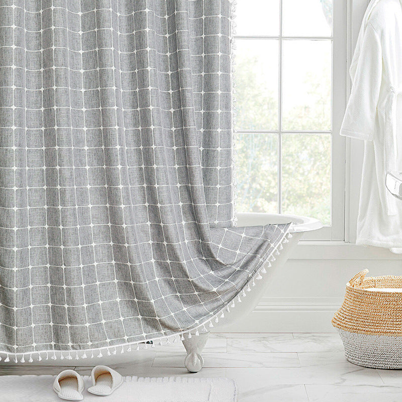 Rideau de Douche en Lin Tissé Imperméable avec Franges Bohème 180×200 cm Salle de Bains Beige à Carreaux | Koossa