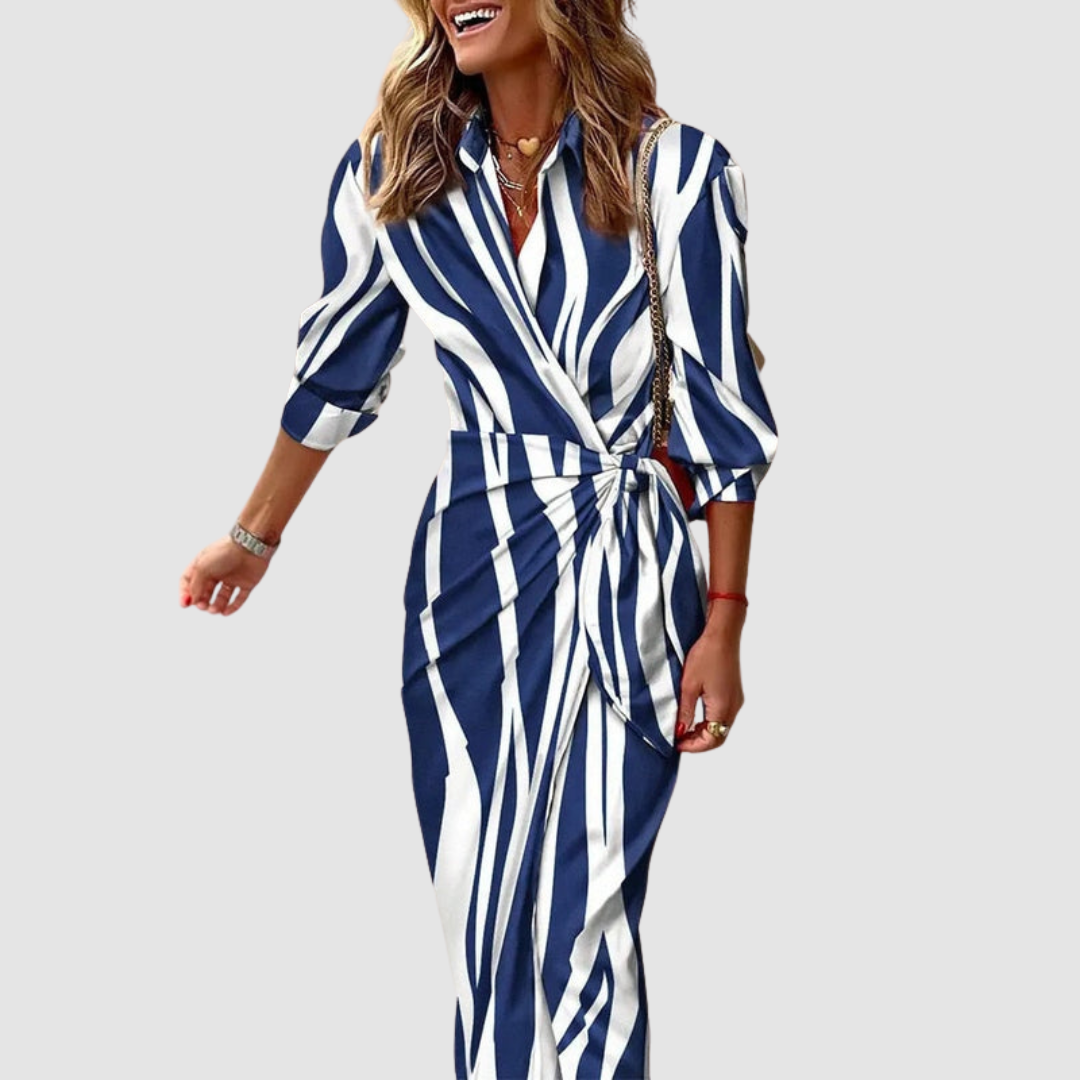 Women's Vertical Stripe Midi Dress in Breathable Cotton Blend – Perfect for Office, Casual & Everyday Elegance | Koossa