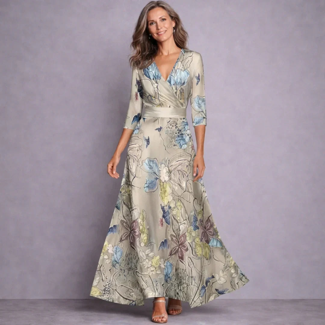 Women's Floral Print Maxi Dress with Mid-Length Sleeves – Elegant Flowing Dress for Weddings, Dinners, and Smart Occasions | Koossa
