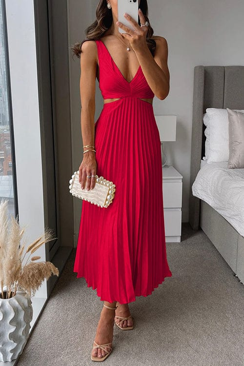 Pleated Midi Dress with Cut-Out Waist and V-Neckline in Yellow, Red, Pink, Black, Green, Orange for Evening Occasions | Koossa