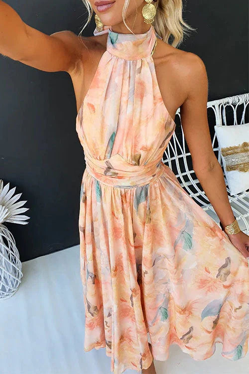 Watercolour Print Halter Maxi Dress in Multicolour for Summer Weddings and Garden Parties | Koossa