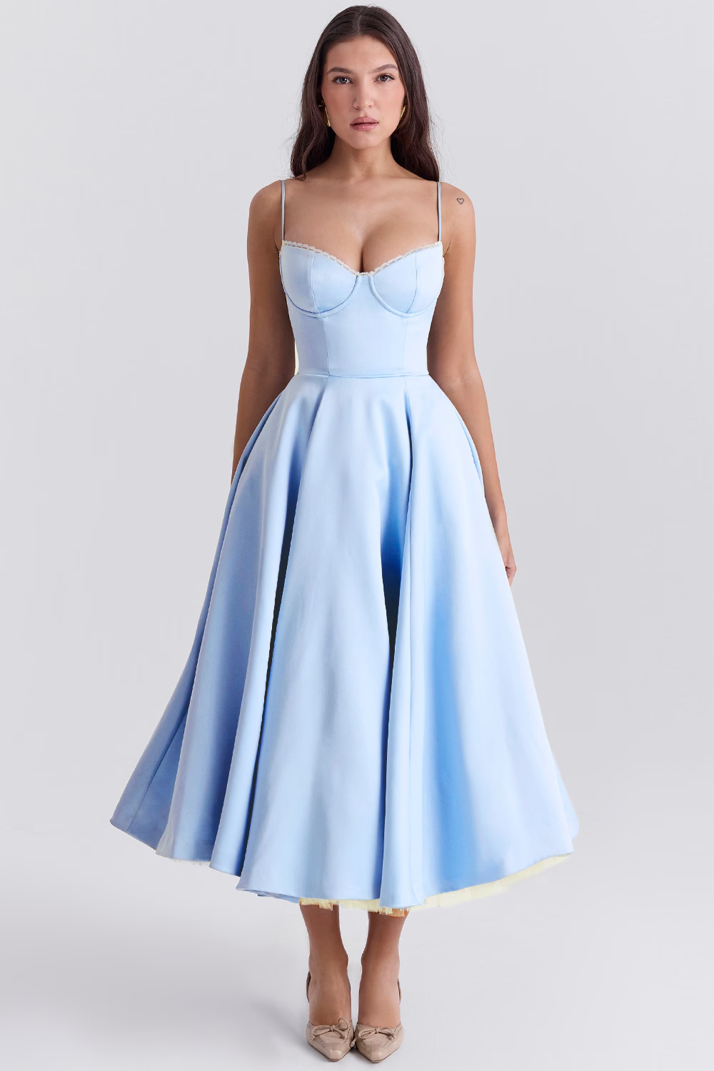 Structured Bustier Midi Dress with Flared Skirt in Blue, Pink, White, Black & Floral for Wedding Guests and Evening Events | Koossa