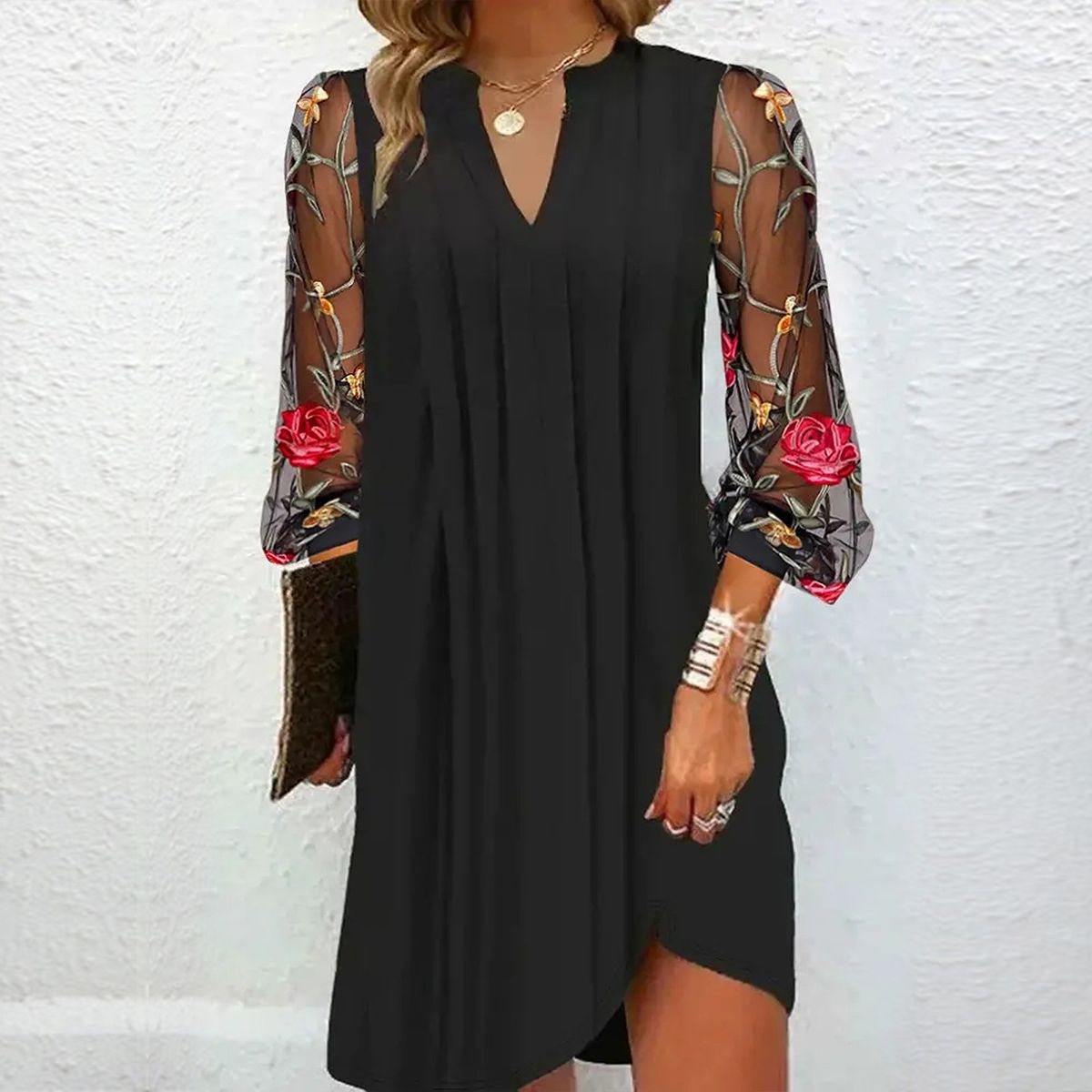 Women's Floral Embroidered Sleeve Black Dress | Timeless Elegance V-Neck Evening Dress with Sheer Tulle Sleeves for Formal Occasions and Special Events | Koossa