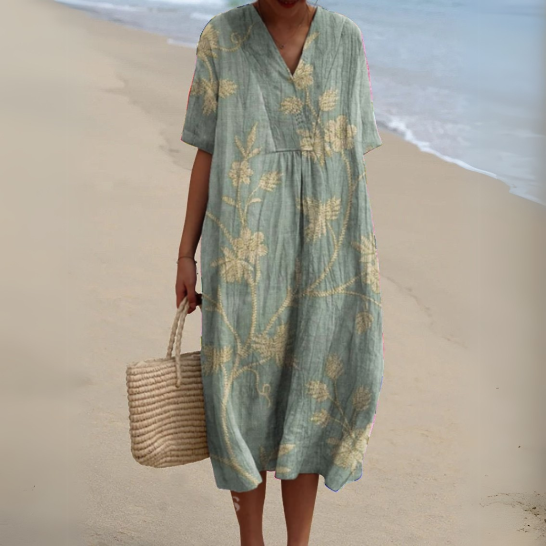 Floaty V-Neck Cotton Linen Dress in Vibrant Prints for Summer Occasions Garden Parties Warm Days | Koossa