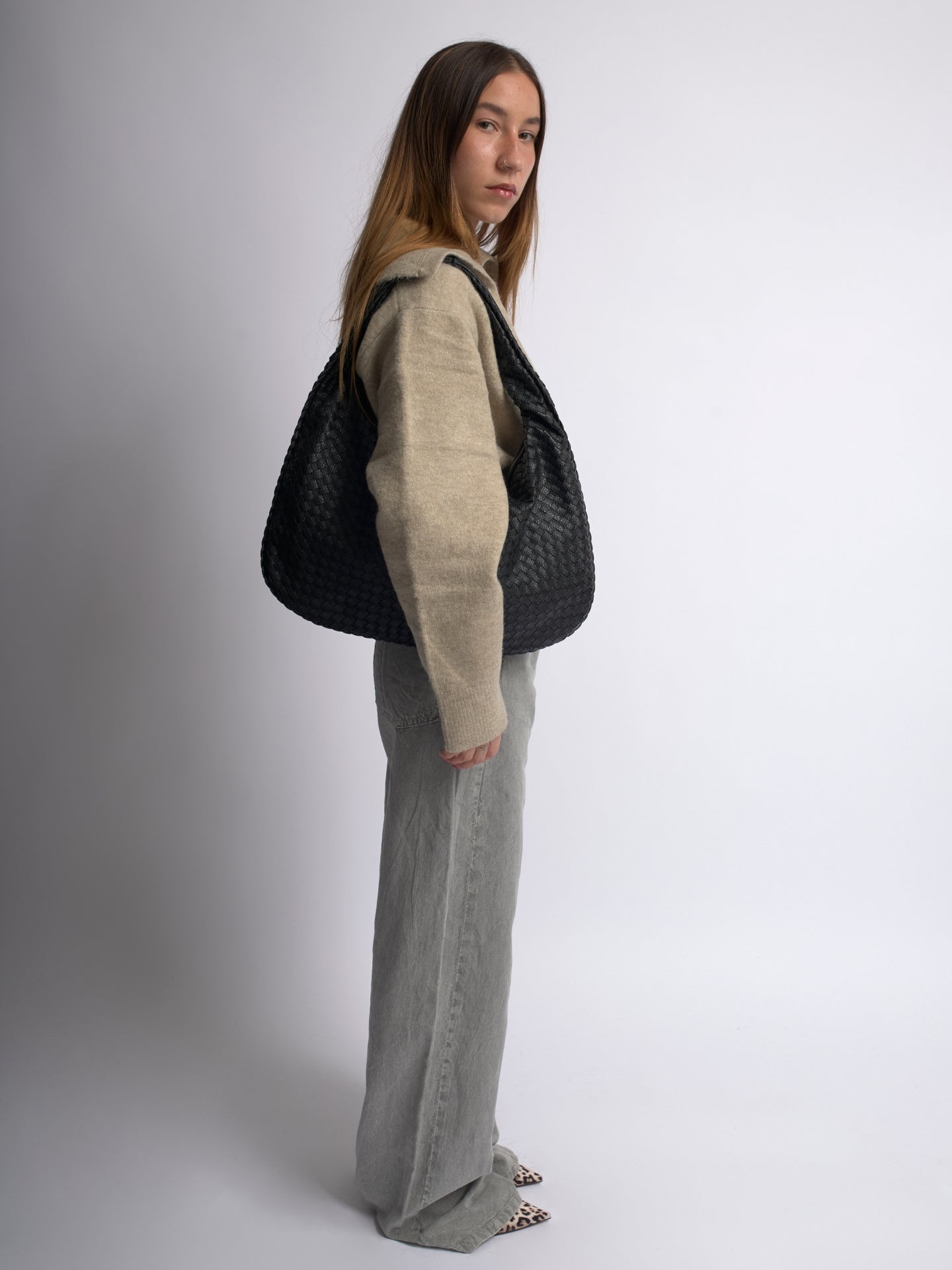 Woven Leather Hobo Bag with Soft Structure in Black, Wine Red, Sage Green & More | Koossa