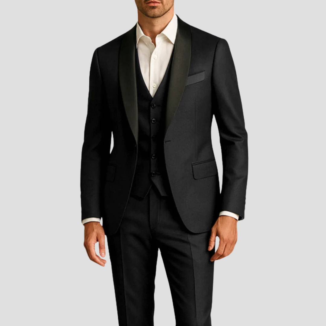 Three-Piece Formal Suit Tailored Fit Single-Button Jacket Waistcoat Contrast Lapels Evening Wedding Occasion Menswear | Koossa