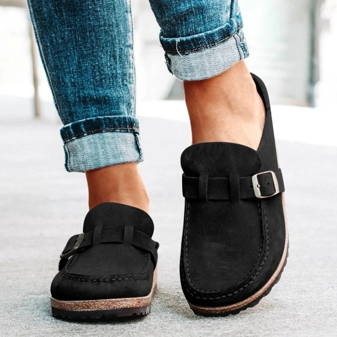 Women's Leather Buckle Loafers Low Heel Slip-On Shoes Black Khaki Green Office Smart Casual Footwear | Koossa
