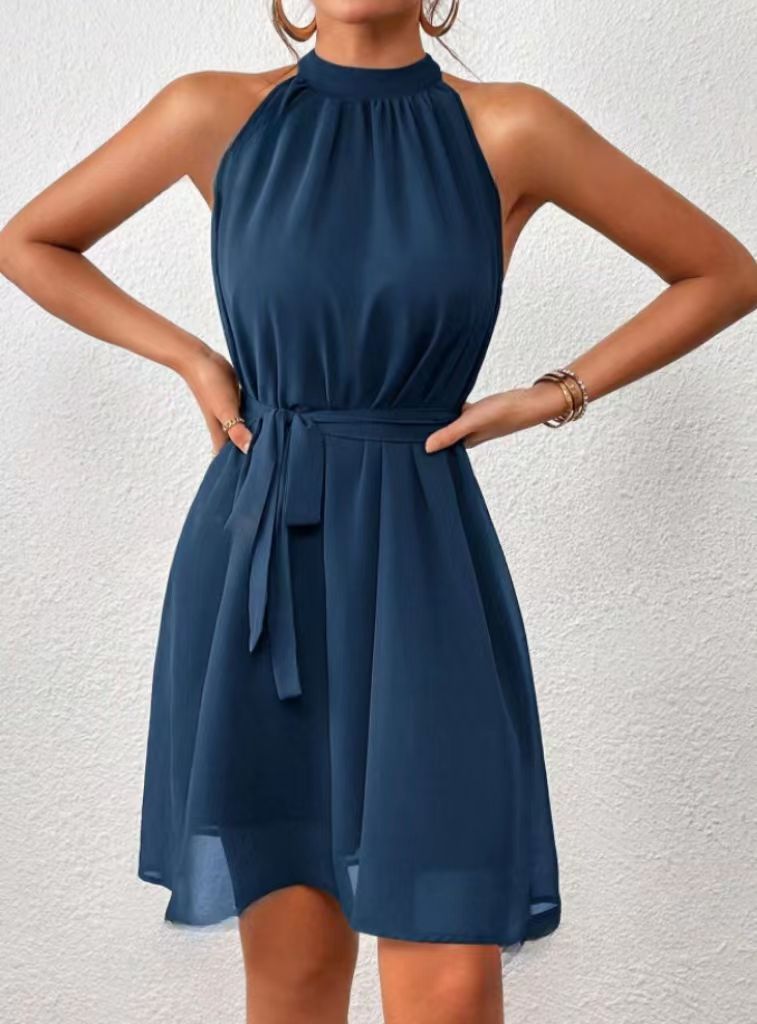 Women's Halter Neck Mini Dress with Belt — Elegant Sleeveless Dress for Spring & Summer Occasions | Koossa