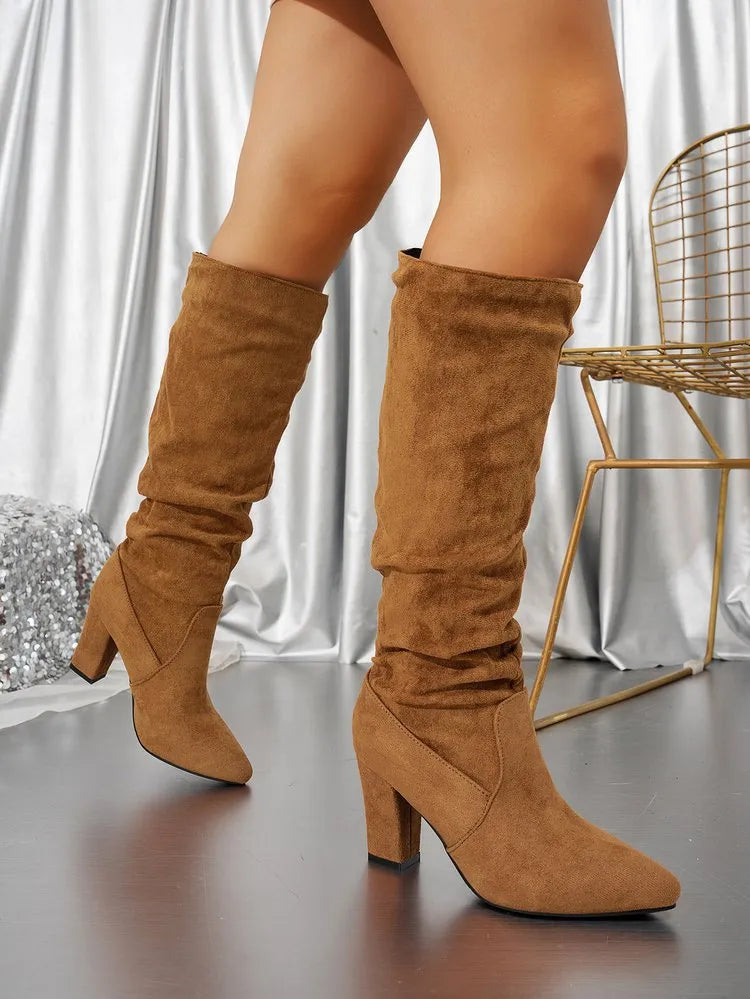 Knee-High Slouch Boots with Pointed Toe and Block Heel in Beige, Black, Red and Brown | Koossa
