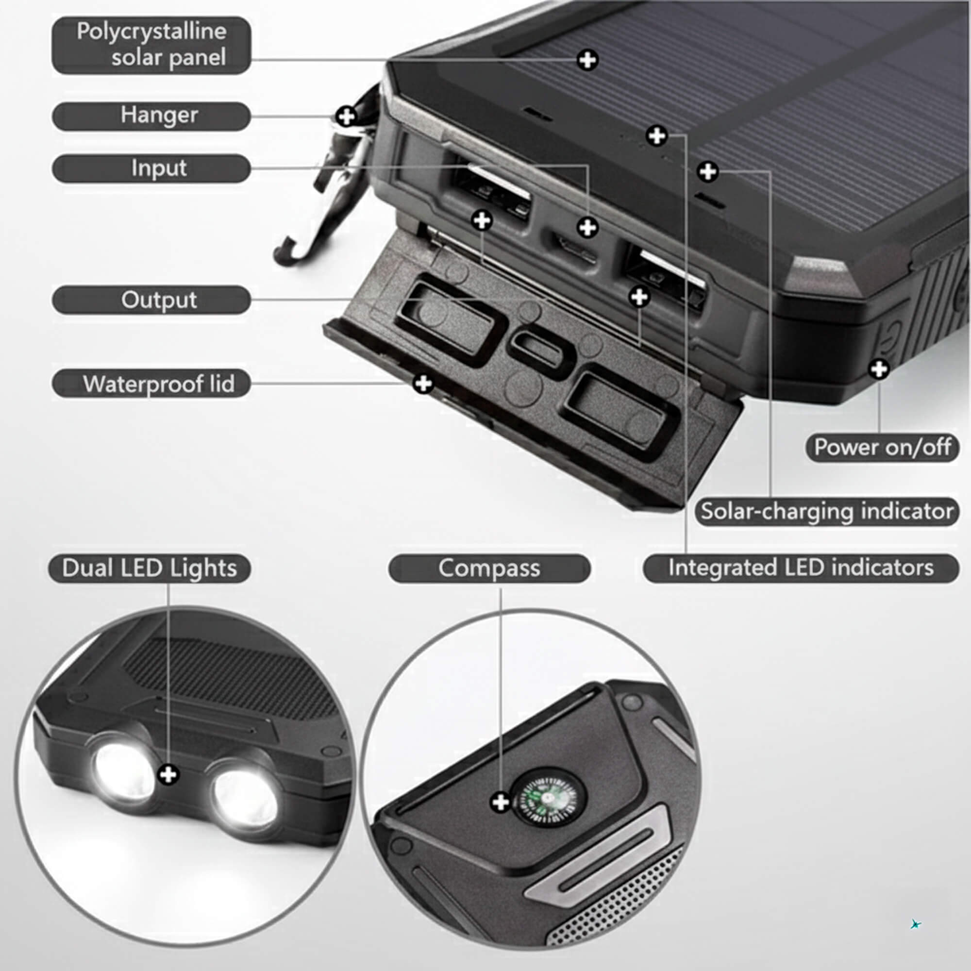 Batterie Externe Solaire 500000mAh Étanche Double USB avec Lampe LED pour Camping Randonnée Urgences Plein Air | Koossa