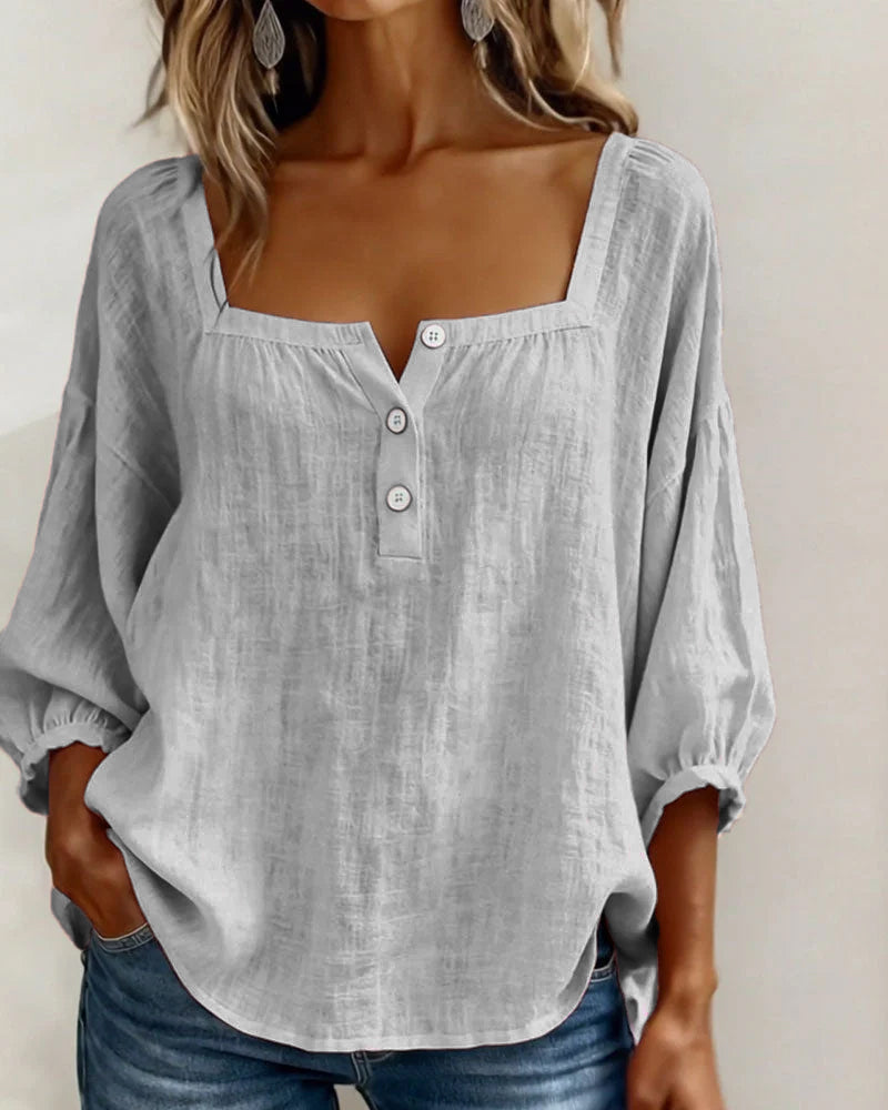 Women's Square Neck Puff Sleeve Blouse in Cotton Blend – Classic Feminine Wardrobe Essential for Every Season | Koossa