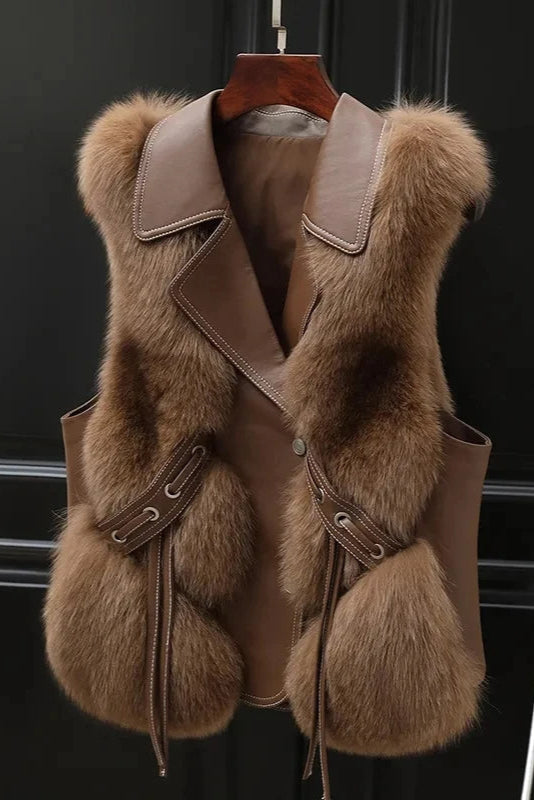 Faux Fur Sleeveless Gilet in Ivory, Brown and Black | Koossa