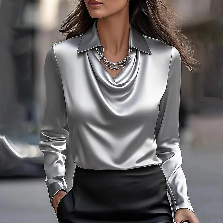 Women's Draped Collar Satin Blouse with Long Sleeves | Koossa
