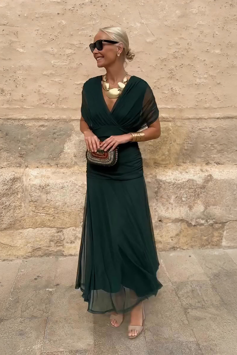 Women's V-Neck Gradient Maxi Dress Emerald Green Multi Colour Pleated Evening Gown Special Occasions Flowing Silhouette Party Formal Occasion Wear | Koossa