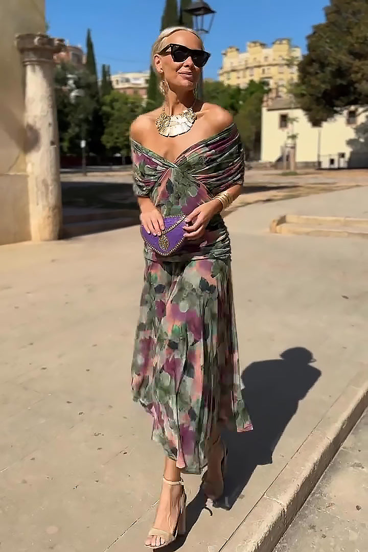 Women's V-Neck Gradient Maxi Dress Emerald Green Multi Colour Pleated Evening Gown Special Occasions Flowing Silhouette Party Formal Occasion Wear | Koossa