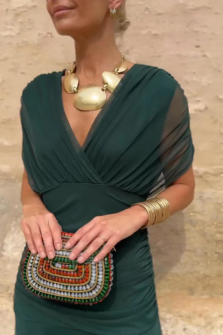 Women's V-Neck Gradient Maxi Dress Emerald Green Multi Colour Pleated Evening Gown Special Occasions Flowing Silhouette Party Formal Occasion Wear | Koossa