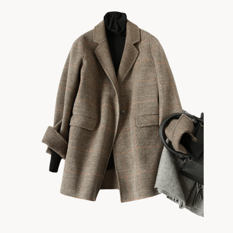 Women's Beige Checked Winter Coat — Classic Double-Breasted Wool-Blend Coat for Cold Weather & Everyday Elegance | Koossa