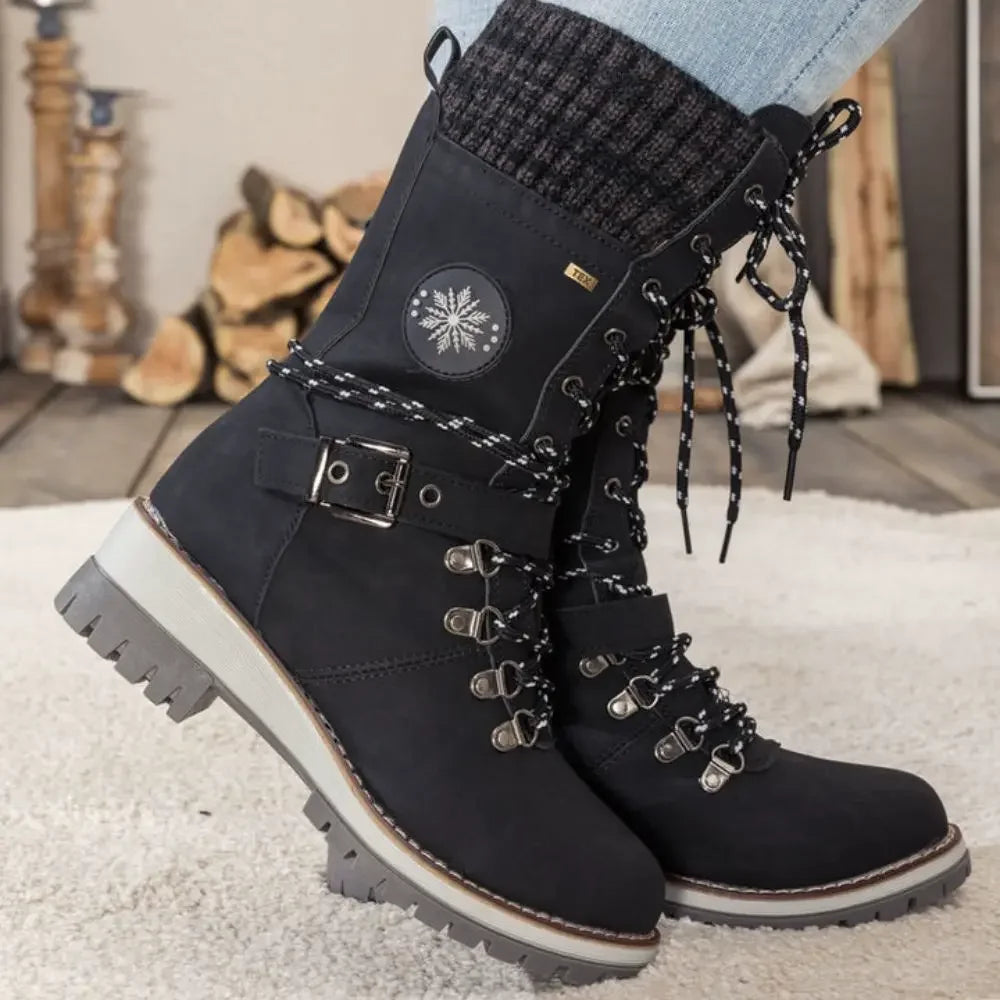 Women's Lace-Up Winter Boots with Knitted Cuff in Black, Grey, Brown | Chunky Anti-Slip Sole for Snow and Ice | Warm Lined Ankle Boots with Buckle Detail | Koossa