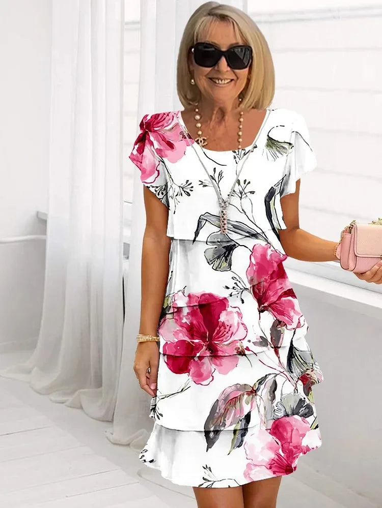 Women's Floral Tiered Midi Dress with Ruffled Hem — Elegant Day Dress for Garden Parties & Summer Occasions | Koossa