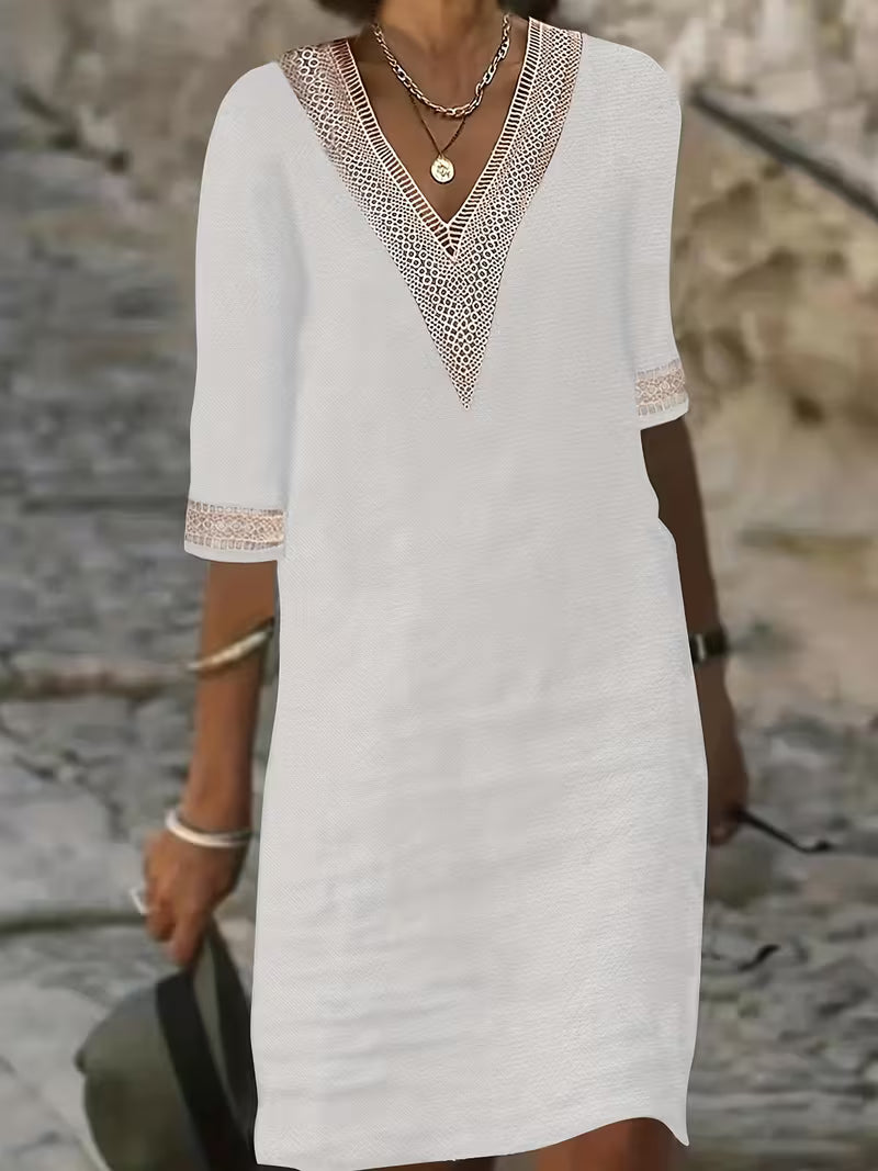 Women's V-Neck Mid Sleeve Dress in Lightweight Fabric for Effortless Everyday Elegance and Smart-Casual Occasions | Koossa