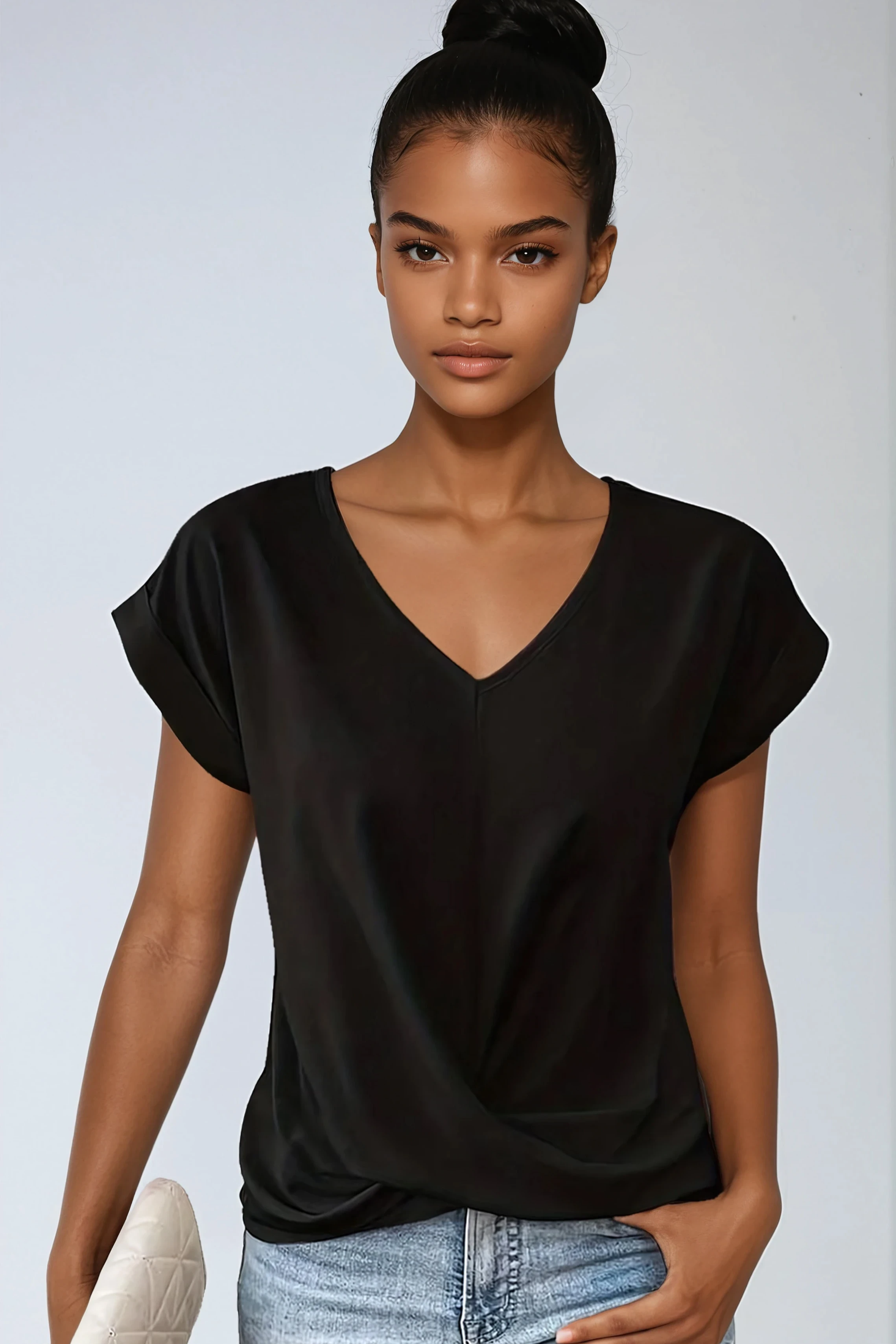 Black Satin V-Neck Blouse with Rolled Sleeves for Day and Evening Wear | Lustrous Drape Blouse | Versatile Wardrobe Essential | Koossa